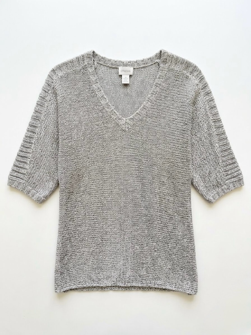 Chicos Metallic Sequin Mila V-Neck Sweater Silver Grey Shimmer Knit Top EUC 1 M